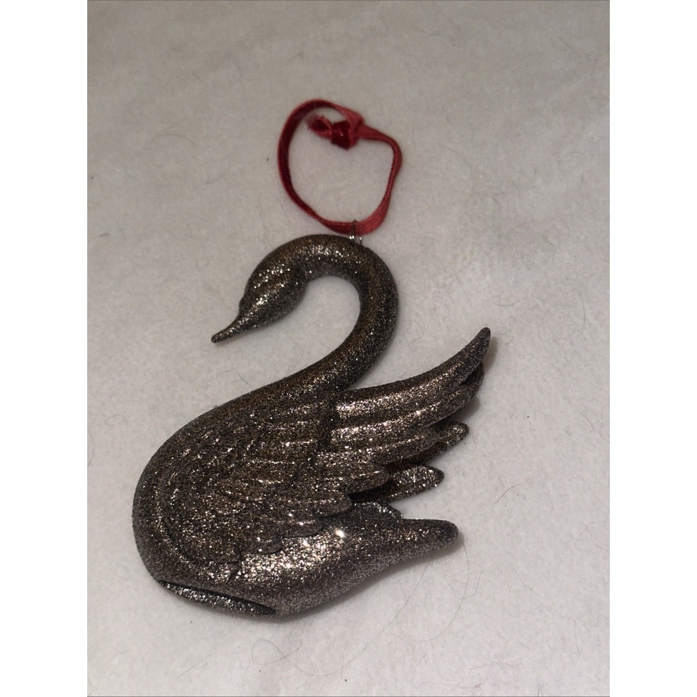 Pier One Imports Christmas Collection Glitter Silver Swan Ornament Red Ribbon